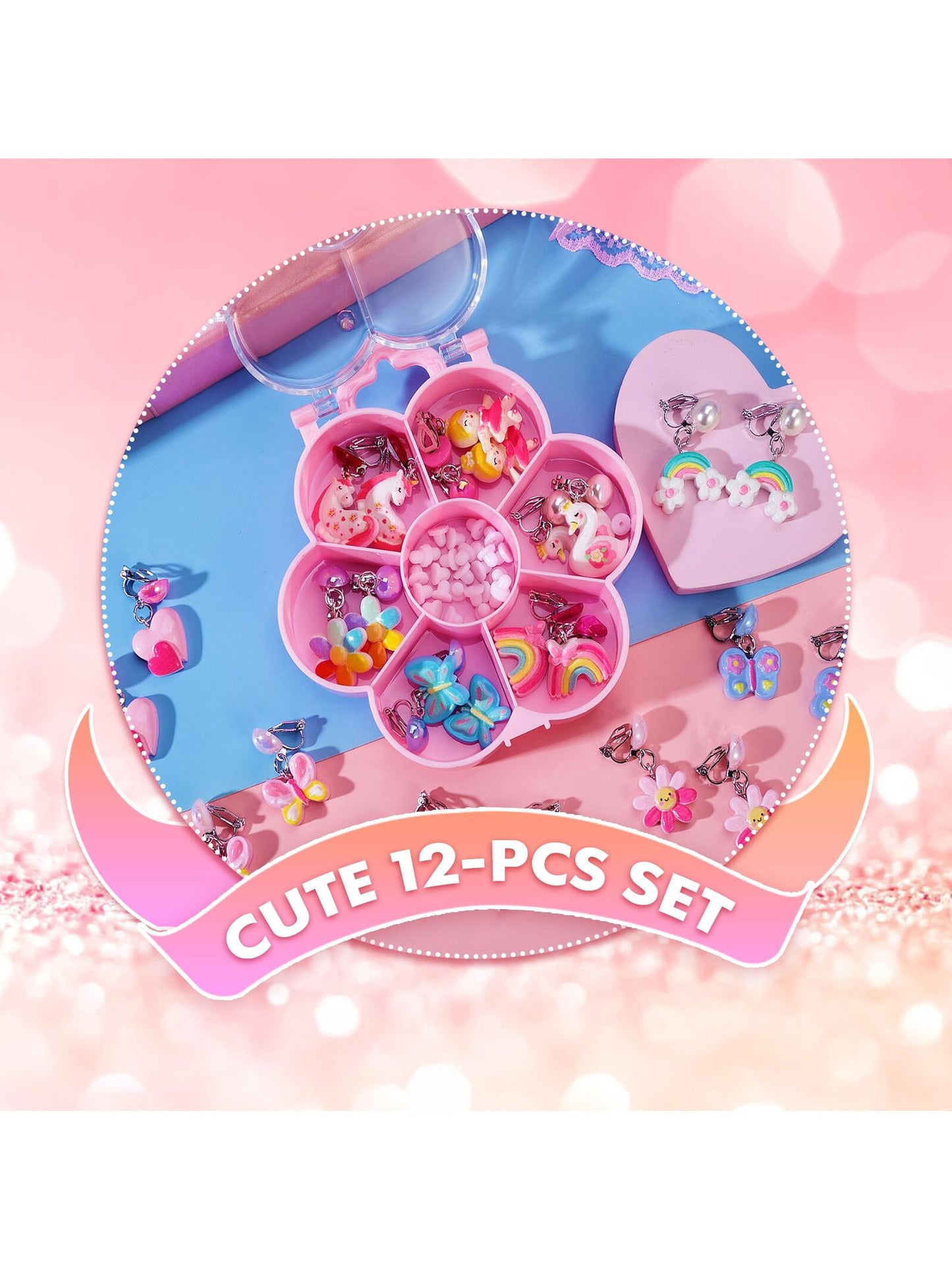 PinkSheep 12 Pairs Clip On Earrings for Girls Kids, Unicorn Hypoallergenic Earrings Earring for 3-8 Year Old Girl