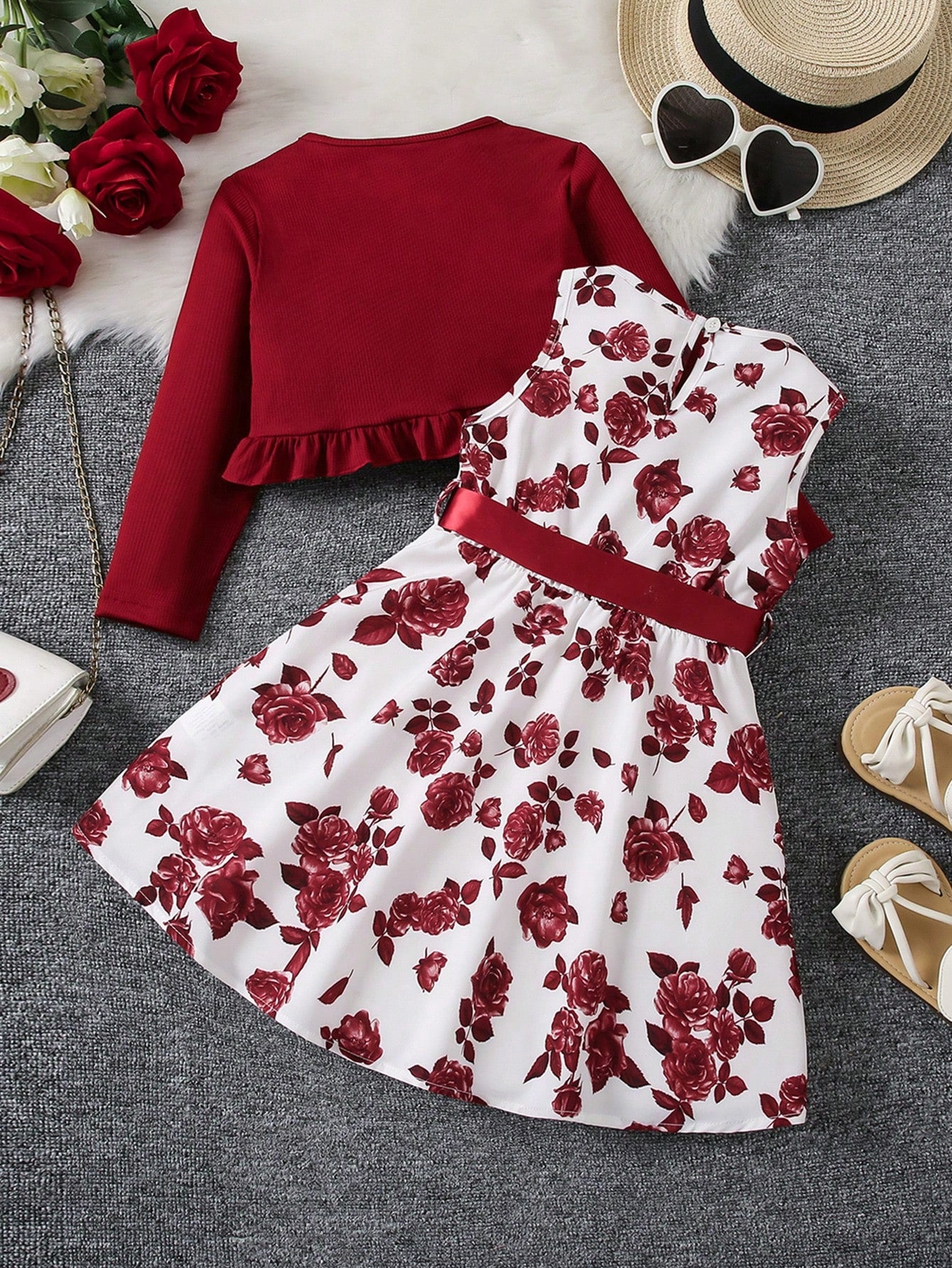 Young Girl Floral Print Bow Front Dress & Ruffle Trim Jacket