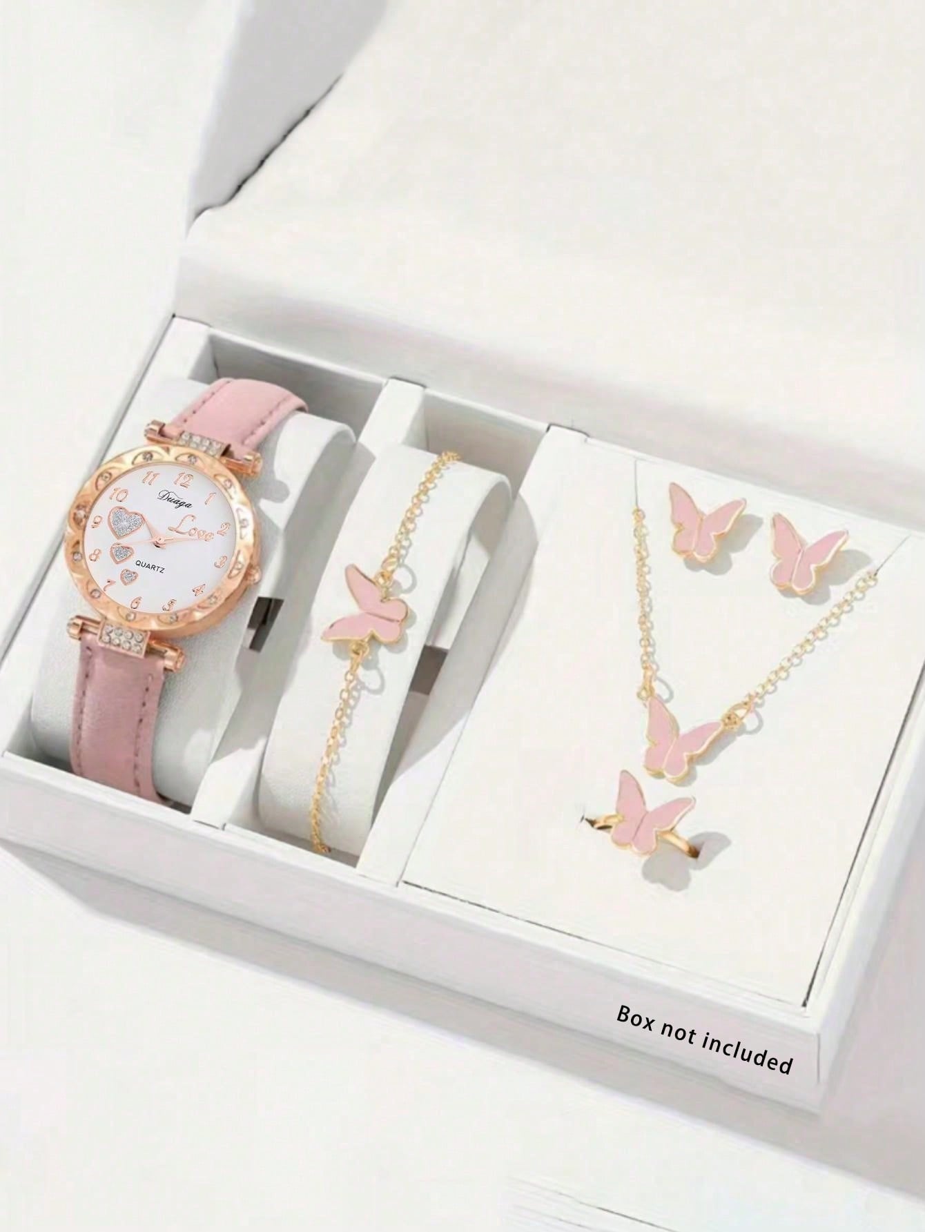 6pcs/Set Girls' Watch & Jewelry Gift Set With Rhinestone Quartz Watch And Butterfly Themed Jewelry, Perfect Gift For Kids