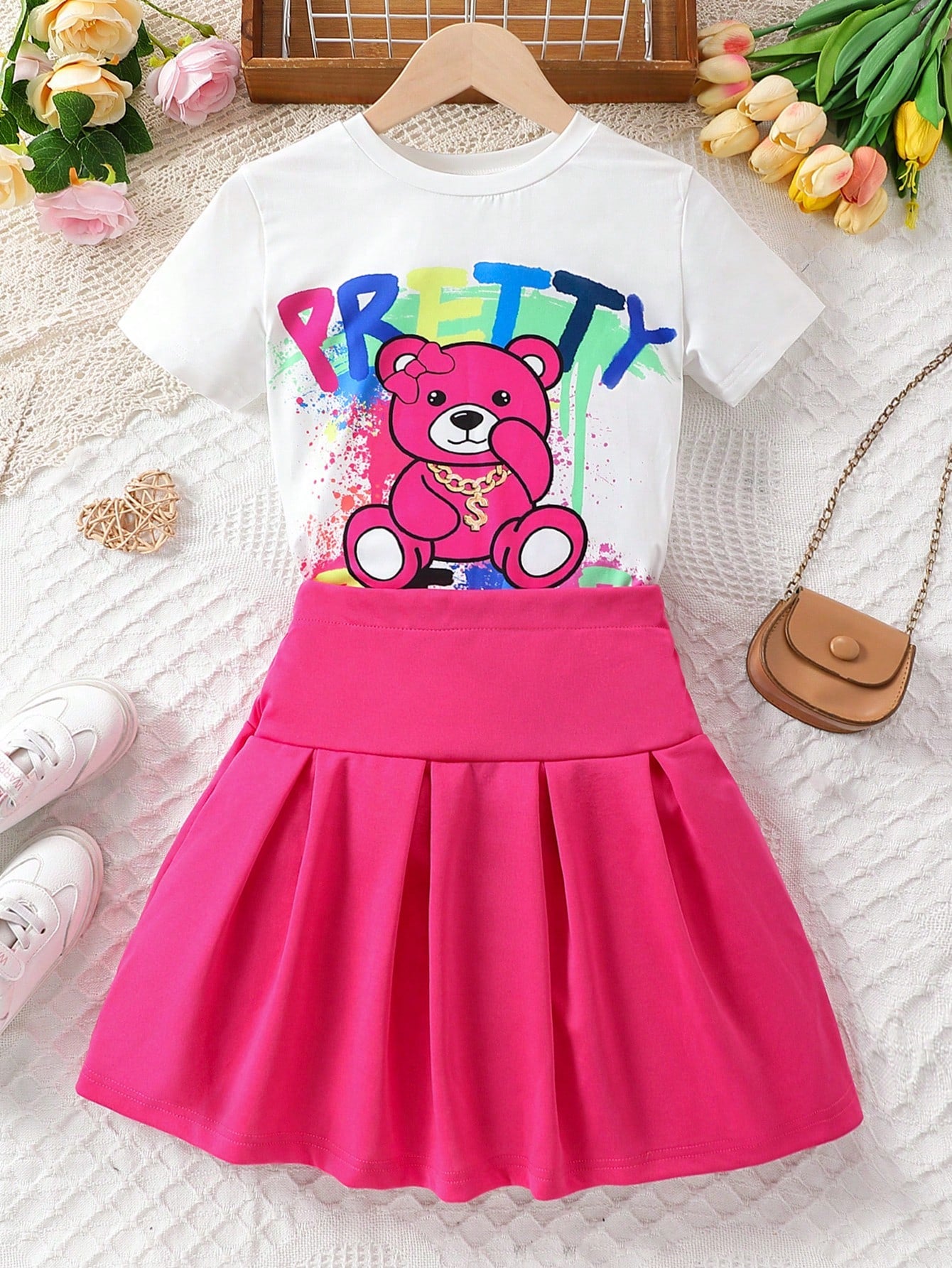 2pcs/Set Tween Girls' Street Wear Summer Short Sleeve T-Shirt With Letter & Cartoon Bear Print And Pleated Skirt