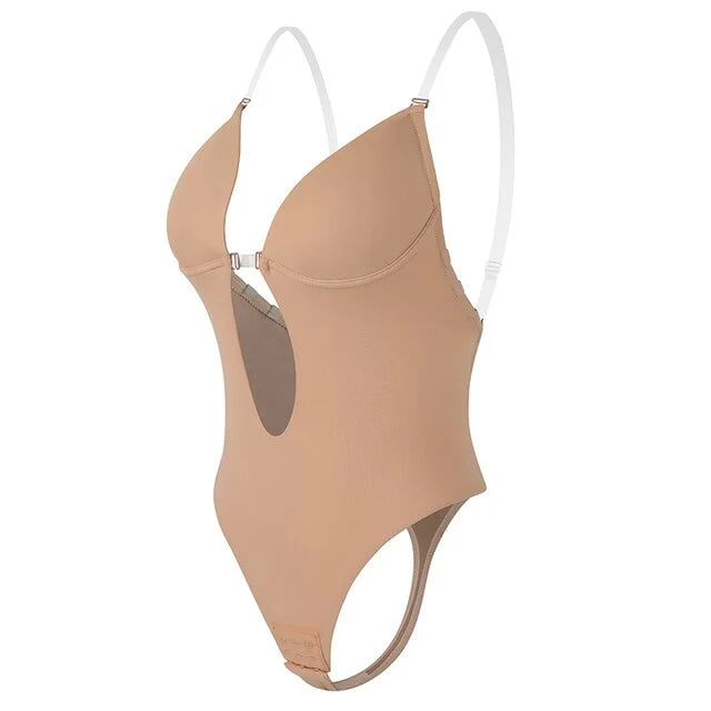 Bodysuit Shapewear Deep V-Neck Body Shaper Backless U Plunge Thong Shapers Waist Trainer Women Clear Strap Padded Push Up Corset