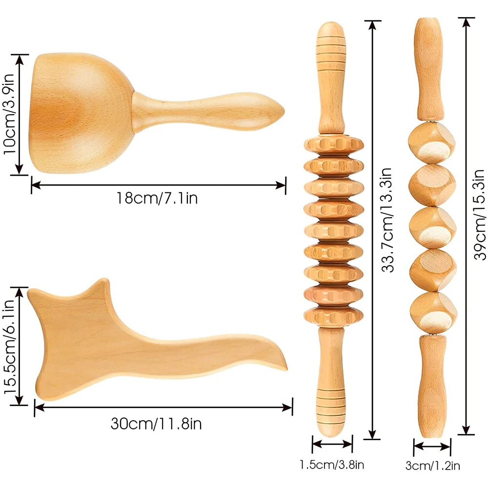 4 In 1 Wooden Therapy Massage Tools Anti Cellulite Massager Muscle Pain Relief Wooden Kit for Body Shaping & Sculpting