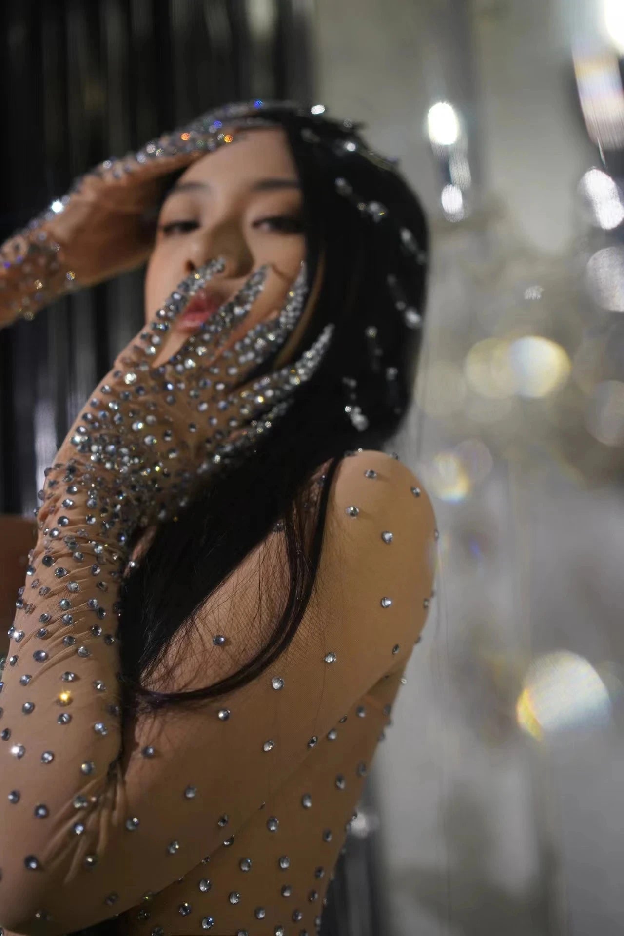 Sexy Rhinestones Birthday Romper Show Sexy Transparent Costume Evening Celebrate Stretch Outfit Modern dance Bodysuit