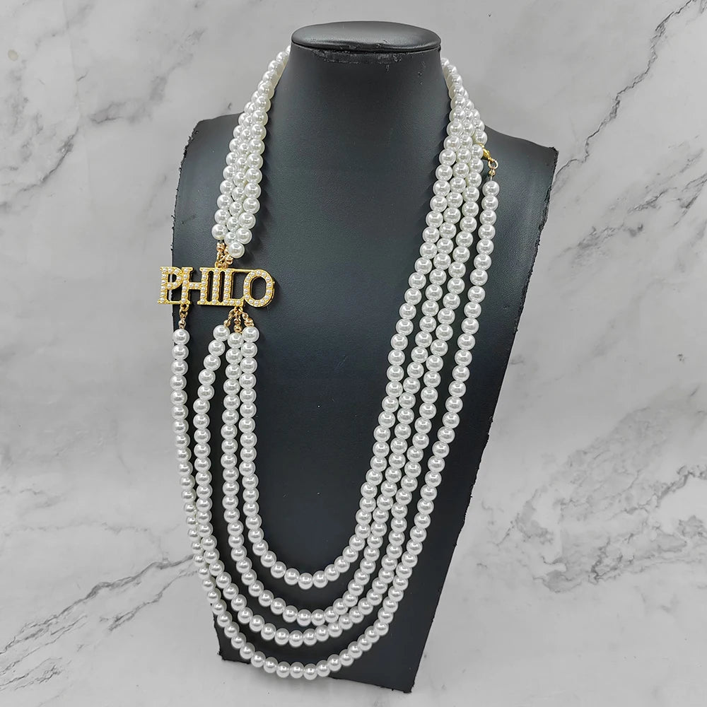 Handmade Greek Popular Four Layers Full White Pearls Sorority Letter Philo Women Necklaces Girlfriend Gift