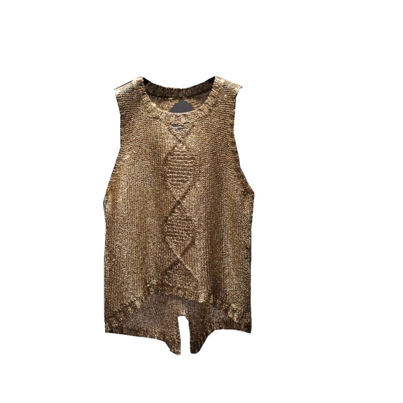 Chun Xia Sexy Hollow Out Round Collar Split Sequins Condole Belt Vest Perspective Sequined Sleeveless Blouse Tank Top Woman