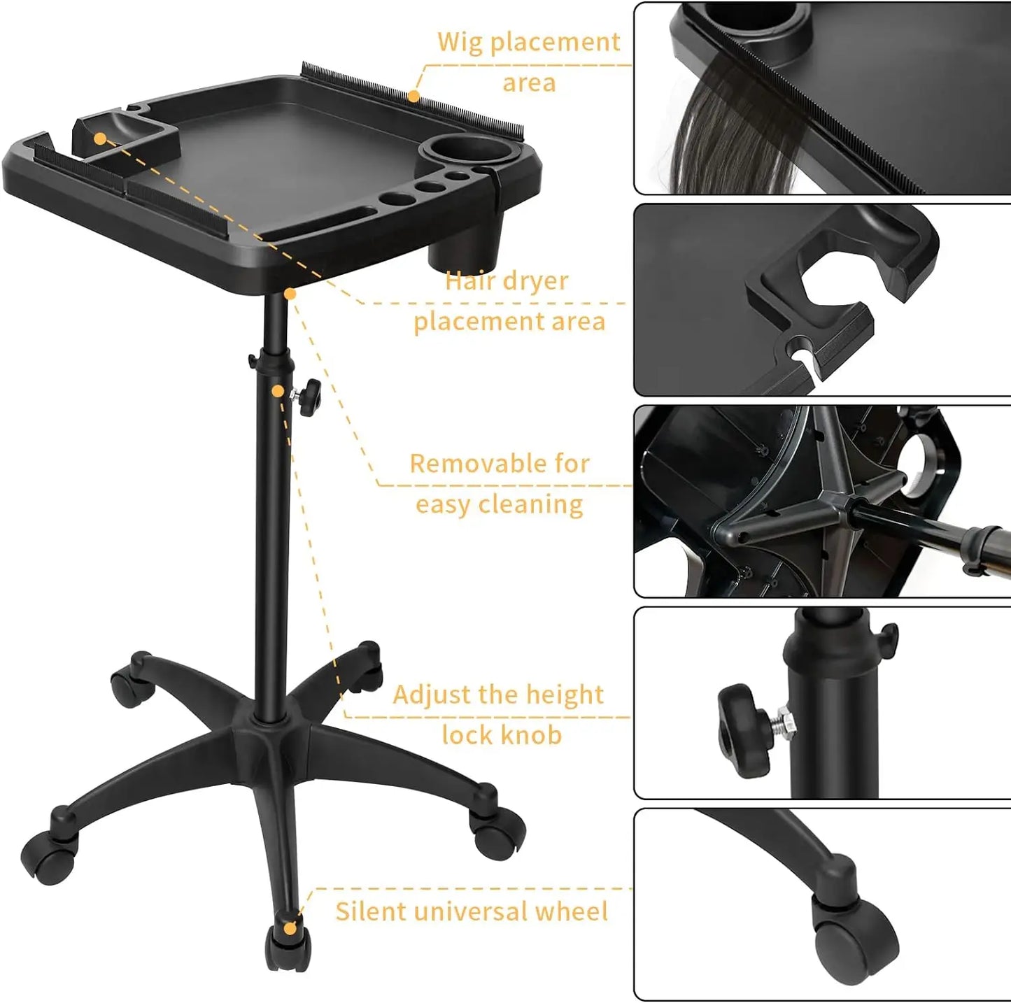 Professional Barber Rolling Trolley Cart Height Adjustable Beauty for Hair Stylist Removable Hair Extension Tool Tray Tools