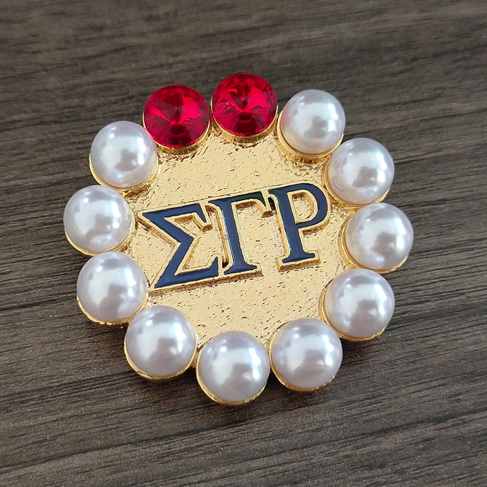 Metal Inlaid Red Crystal White Pearl SGR Association Organizational Symbol Women's Jewelry Round brooch