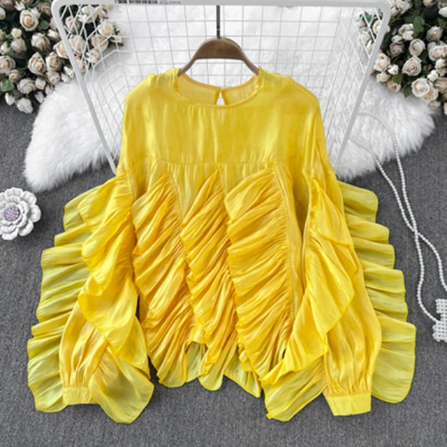 Women Spring Autumn Blouse New European American Vintage Round Neck Ruffle Loose Long Sleeved Foreign Style Irregular Top
