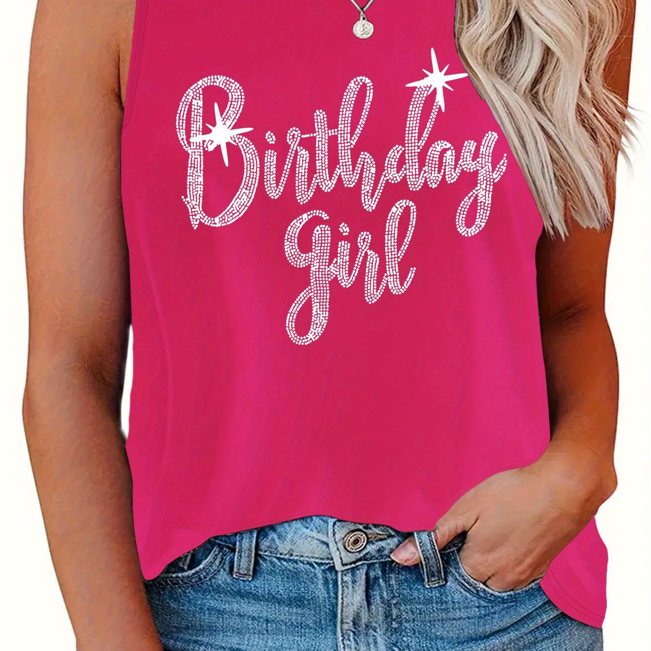 Plus Size Birthday Print Tank Top, Casual Crew Neck Sleeveless Tank Top For Summer, Women's Plus Size Clothing