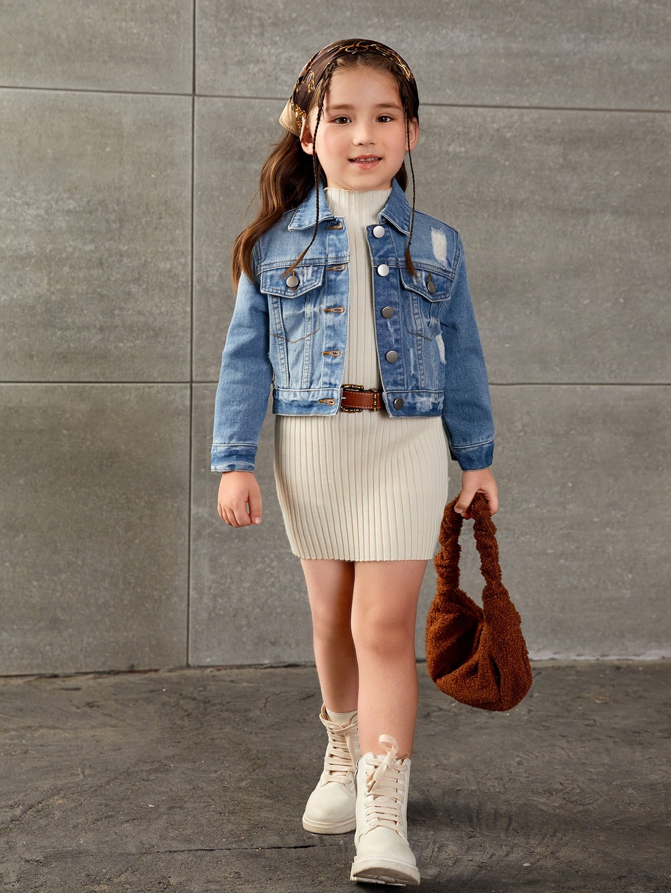 Young Girl Vintage Basic Distressed Short Denim Jacket For Daily Wear
