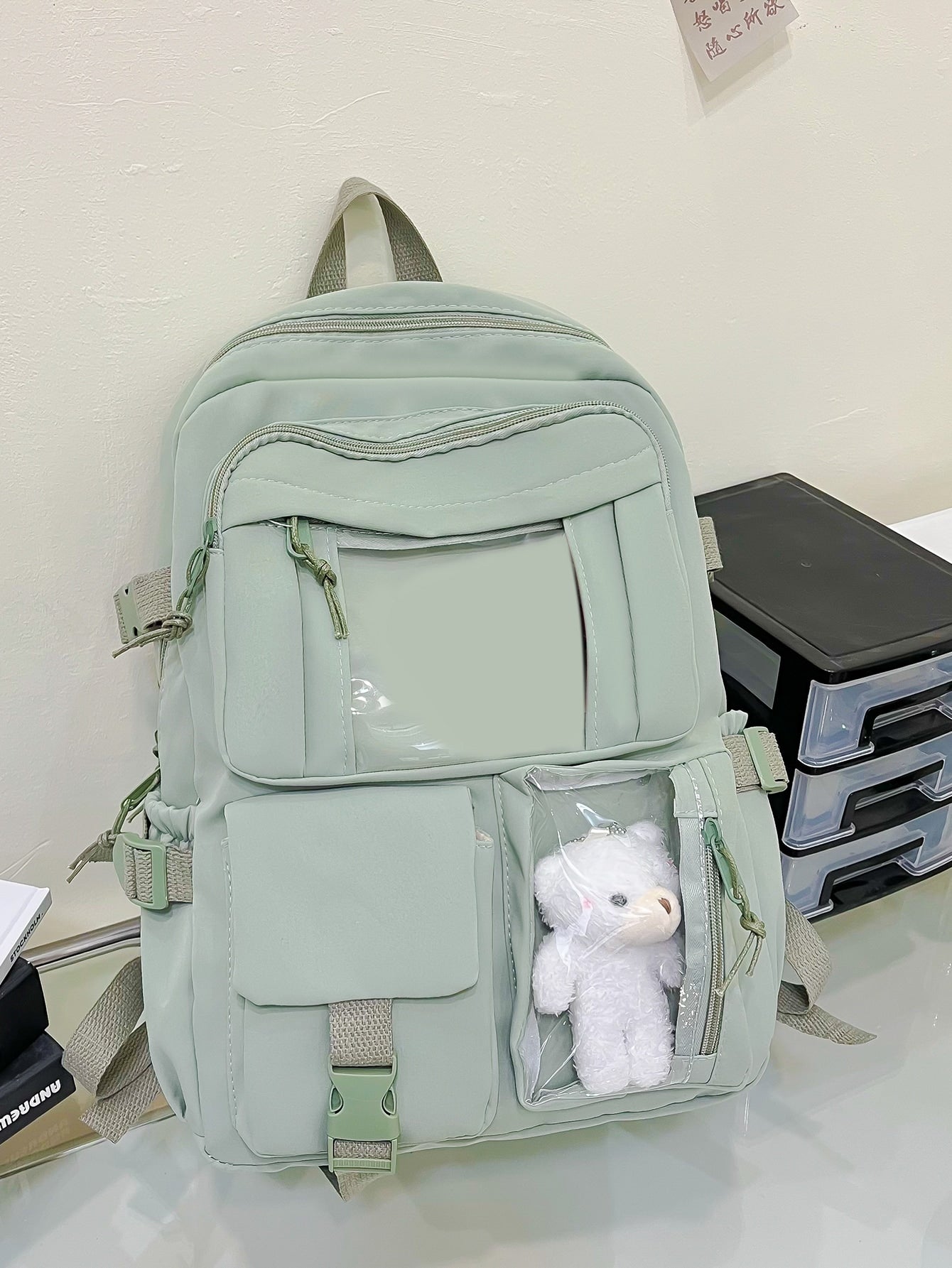 Cute Student Schoolbag, Large Capacity Zipper Simple Schoolbag With Bear Schoolbag For Elementary Students Female Middle School Students High School Students Large Capacity Shoulder Schoolbag Fashion Casual Campus Pairing Computer Schoolbag Female School