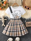 Young Girl Bear Print Tee & Plaid Pleated Skirt