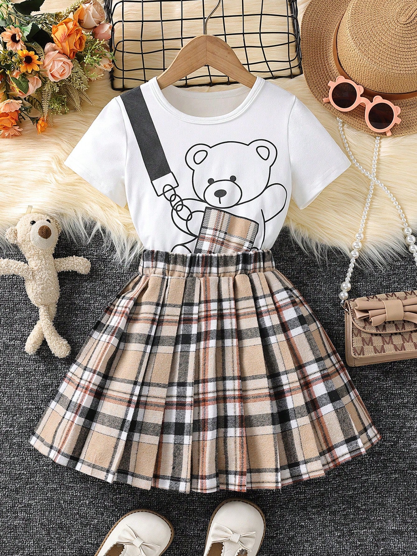 Young Girl Bear Print Tee & Plaid Pleated Skirt