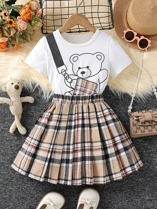 Young Girl Bear Print Tee & Plaid Pleated Skirt