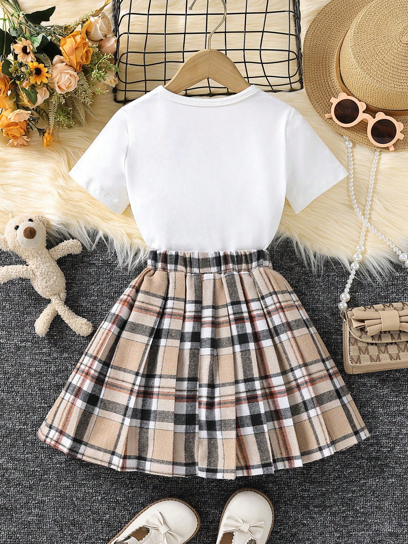 Young Girl Bear Print Tee & Plaid Pleated Skirt