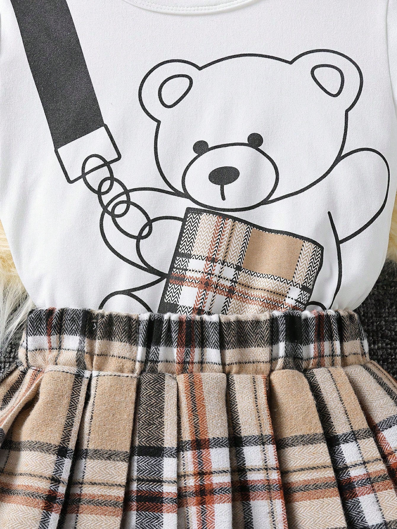 Young Girl Bear Print Tee & Plaid Pleated Skirt