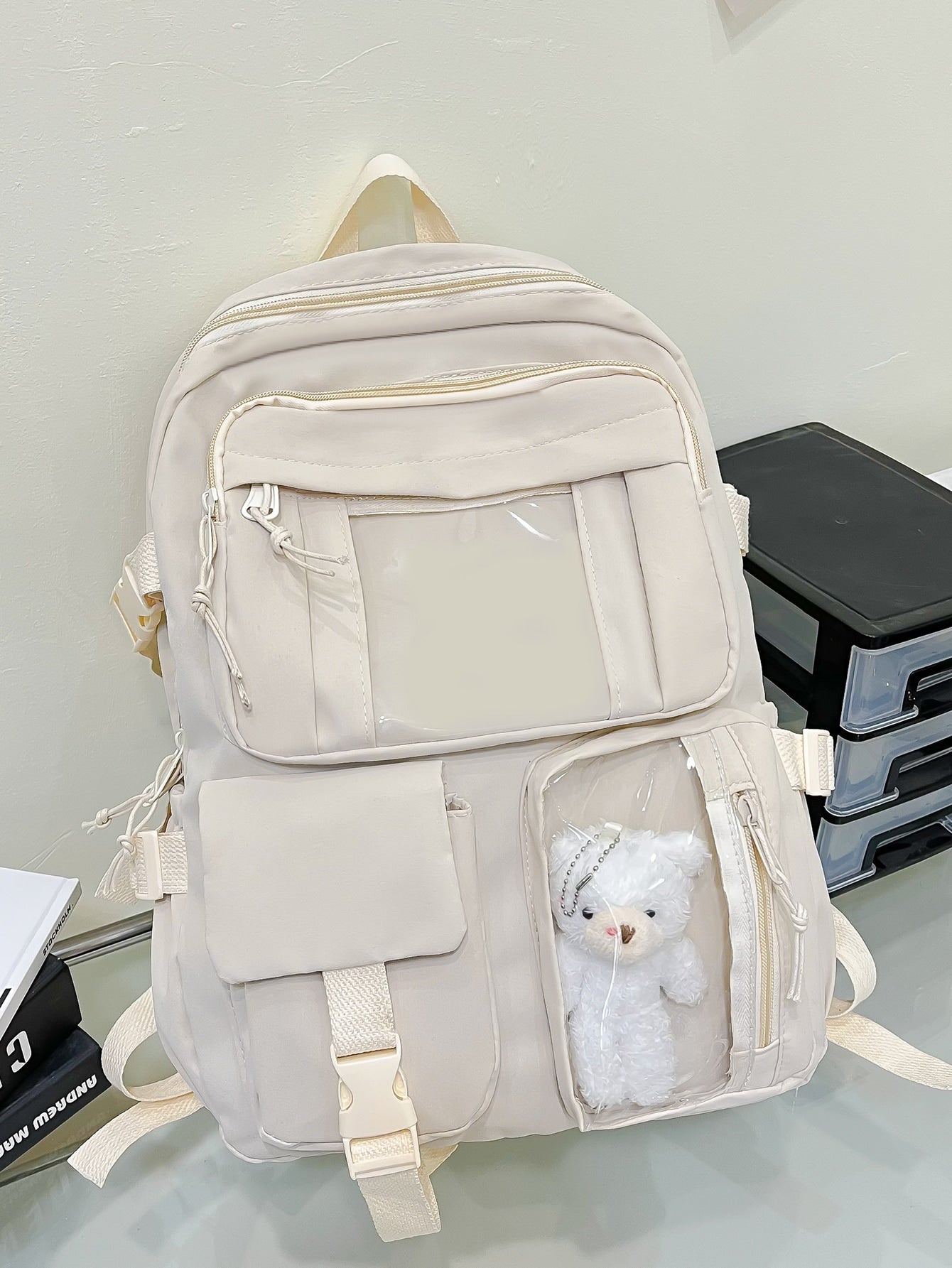Cute Student Schoolbag, Large Capacity Zipper Simple Schoolbag With Bear Schoolbag For Elementary Students Female Middle School Students High School Students Large Capacity Shoulder Schoolbag Fashion Casual Campus Pairing Computer Schoolbag Female School