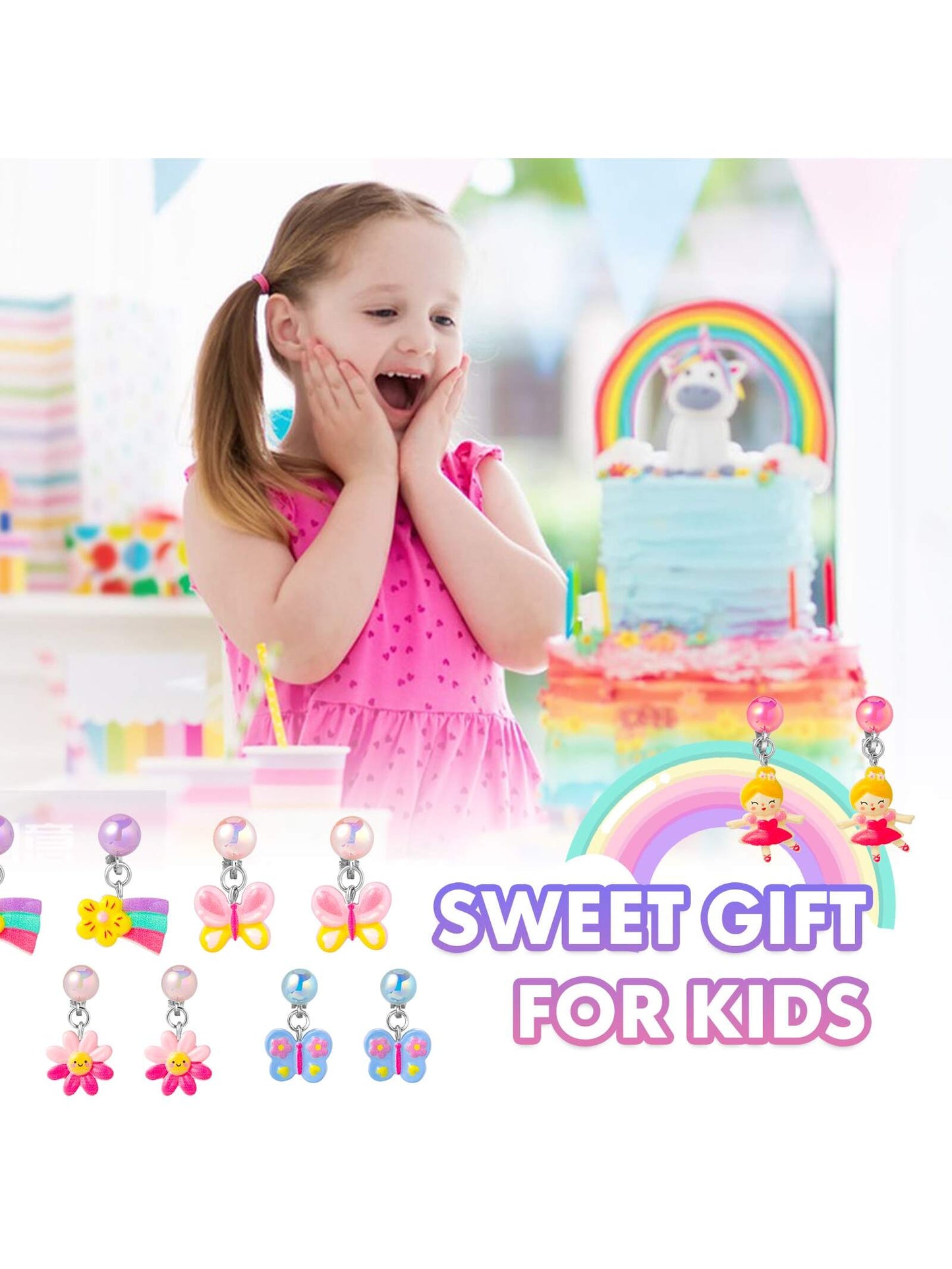 PinkSheep 12 Pairs Clip On Earrings for Girls Kids, Unicorn Hypoallergenic Earrings Earring for 3-8 Year Old Girl