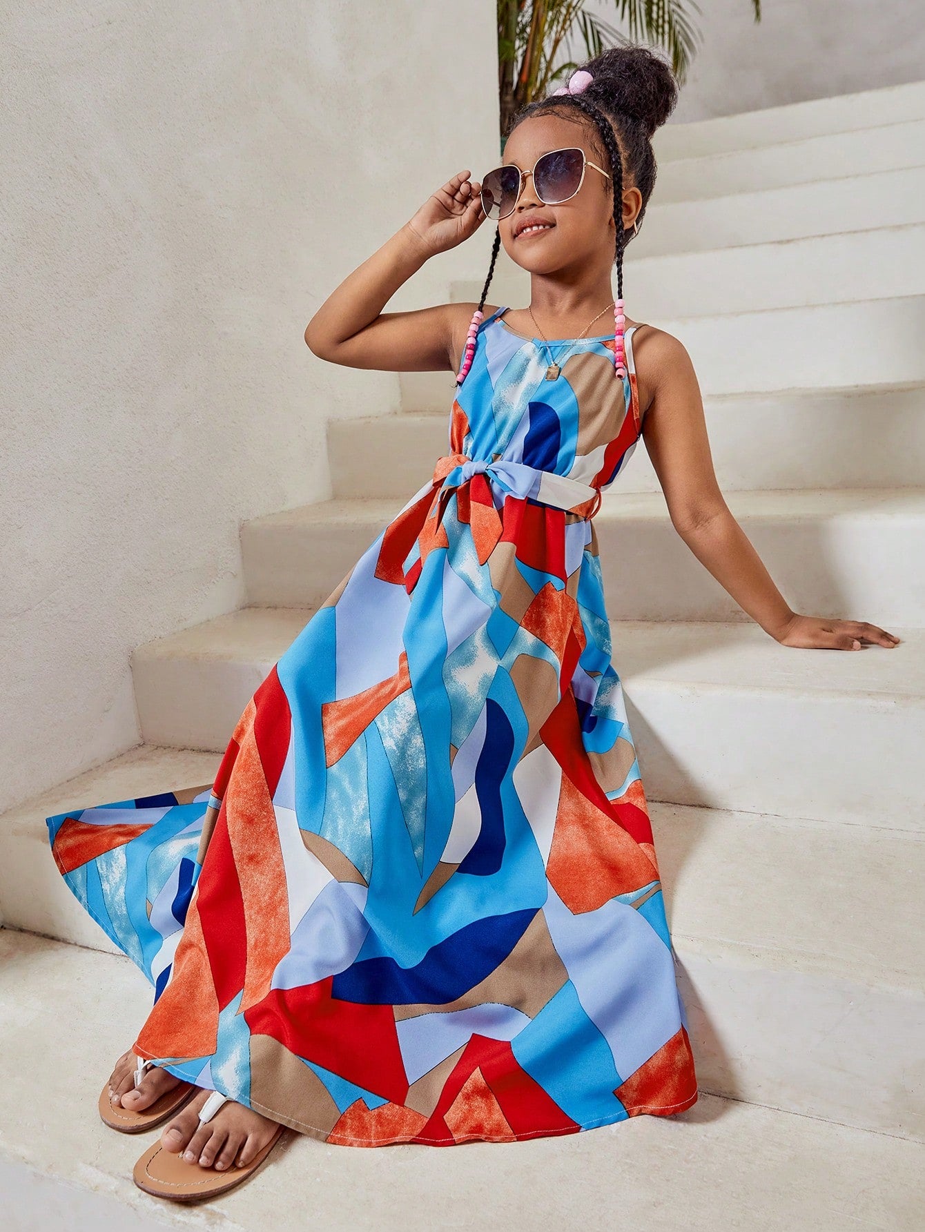 Tween Girl Allover Print Belted Maxi Cami Dress