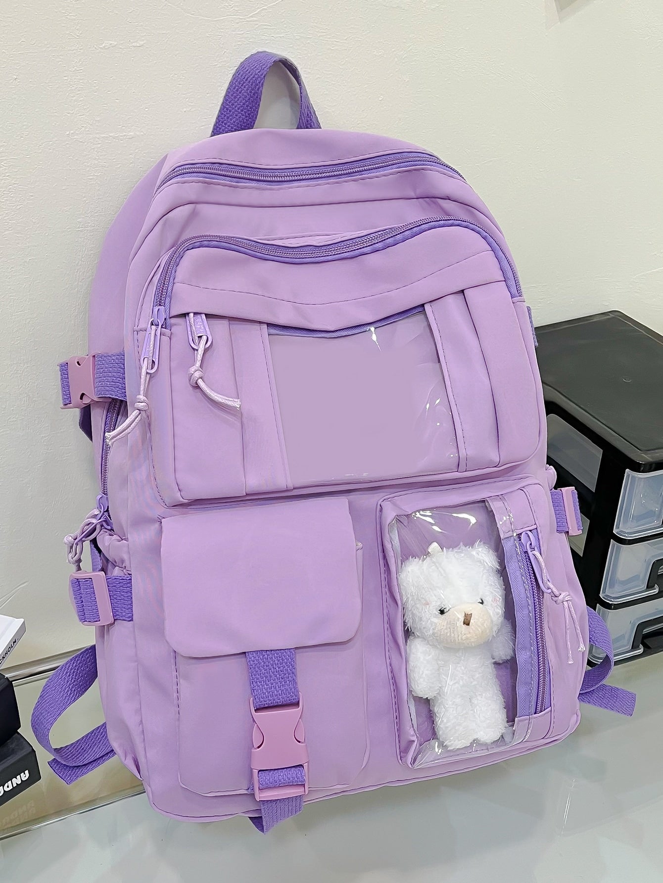 Cute Student Schoolbag, Large Capacity Zipper Simple Schoolbag With Bear Schoolbag For Elementary Students Female Middle School Students High School Students Large Capacity Shoulder Schoolbag Fashion Casual Campus Pairing Computer Schoolbag Female School