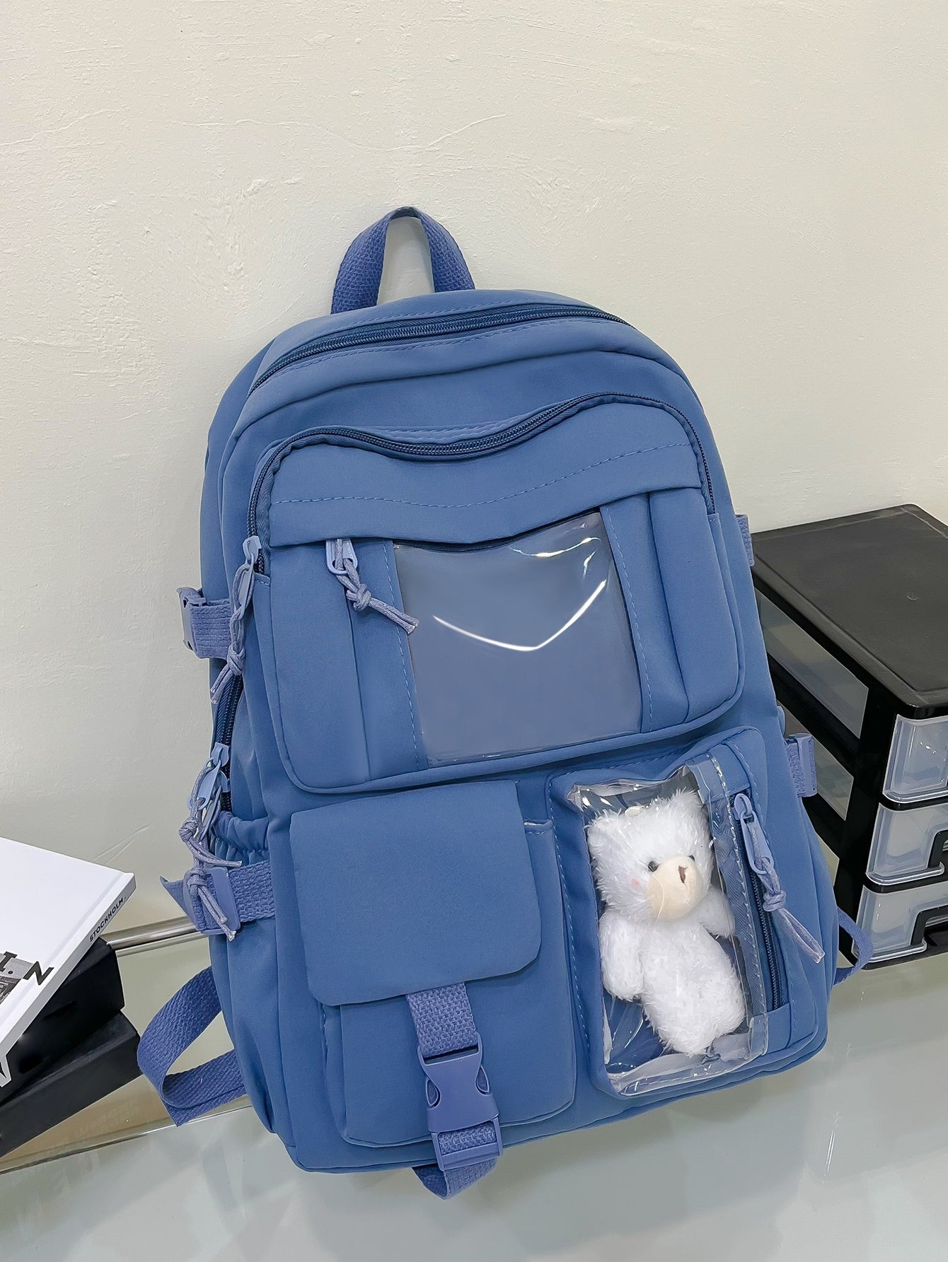 Cute Student Schoolbag, Large Capacity Zipper Simple Schoolbag With Bear Schoolbag For Elementary Students Female Middle School Students High School Students Large Capacity Shoulder Schoolbag Fashion Casual Campus Pairing Computer Schoolbag Female School