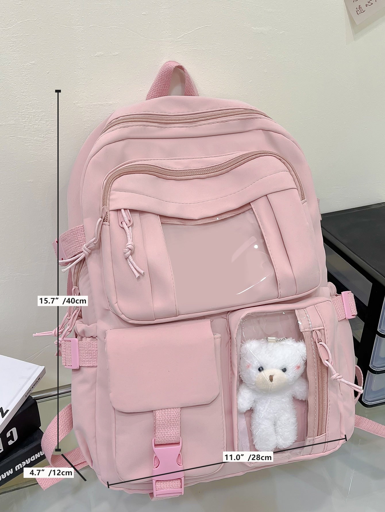 Cute Student Schoolbag, Large Capacity Zipper Simple Schoolbag With Bear Schoolbag For Elementary Students Female Middle School Students High School Students Large Capacity Shoulder Schoolbag Fashion Casual Campus Pairing Computer Schoolbag Female School