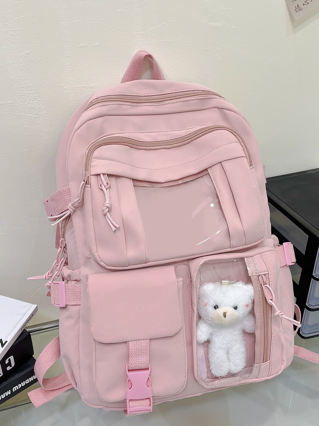 Cute Student Schoolbag, Large Capacity Zipper Simple Schoolbag With Bear Schoolbag For Elementary Students Female Middle School Students High School Students Large Capacity Shoulder Schoolbag Fashion Casual Campus Pairing Computer Schoolbag Female School