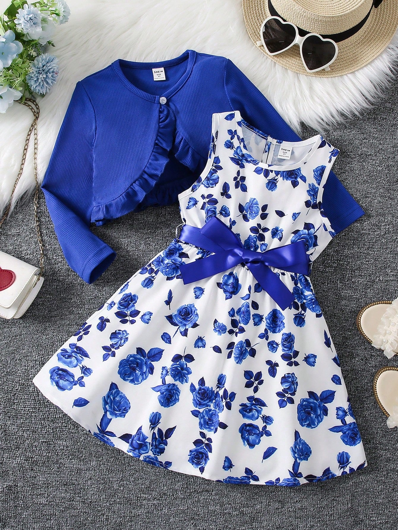 Young Girl Floral Print Bow Front Dress & Ruffle Trim Jacket