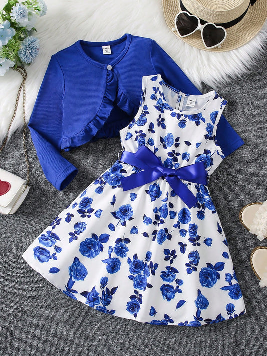 Young Girl Floral Print Bow Front Dress & Ruffle Trim Jacket