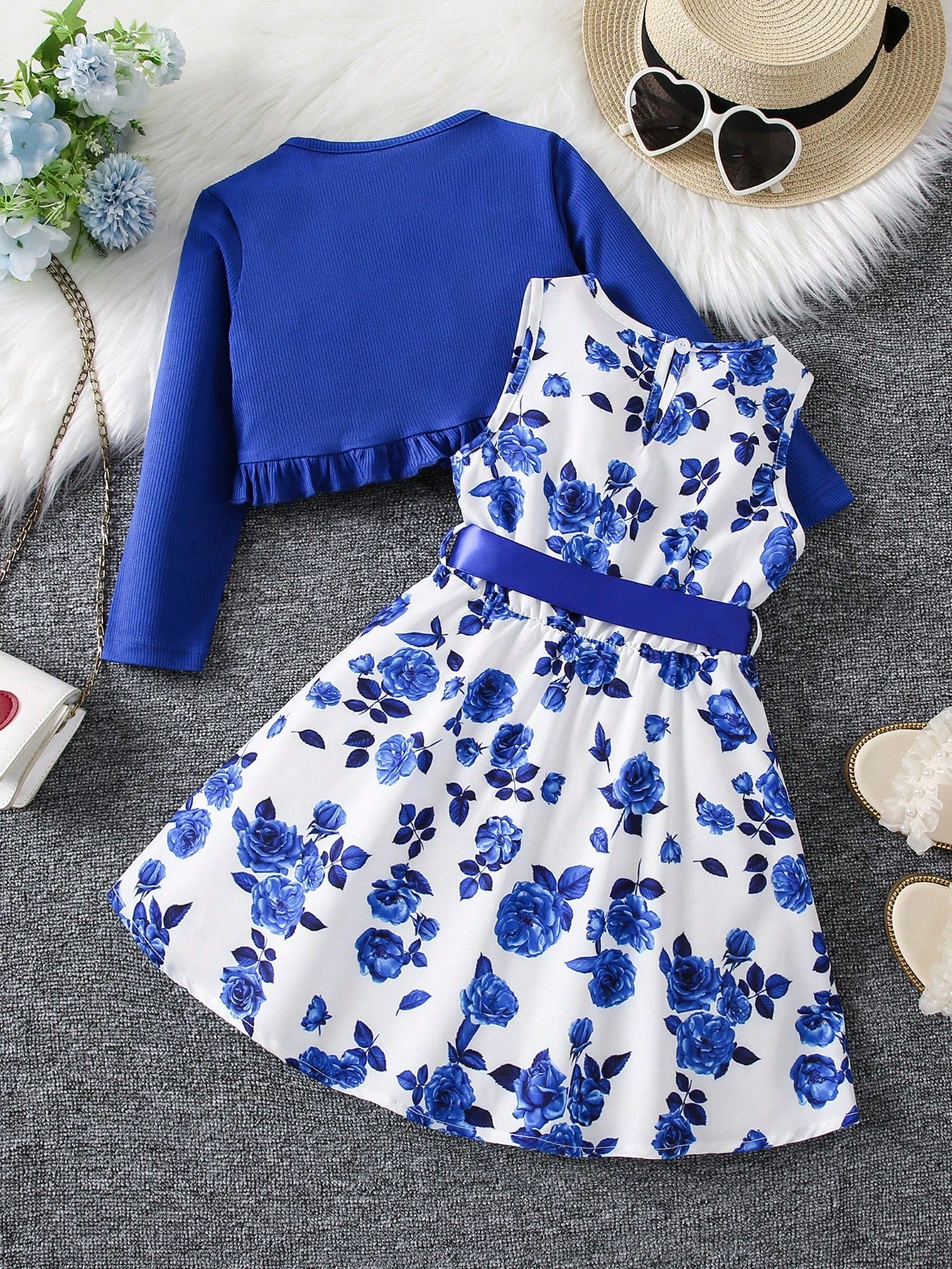 Young Girl Floral Print Bow Front Dress & Ruffle Trim Jacket