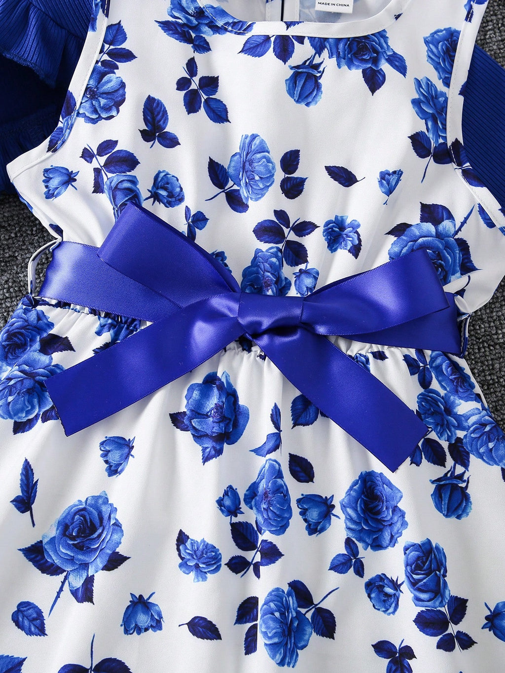 Young Girl Floral Print Bow Front Dress & Ruffle Trim Jacket