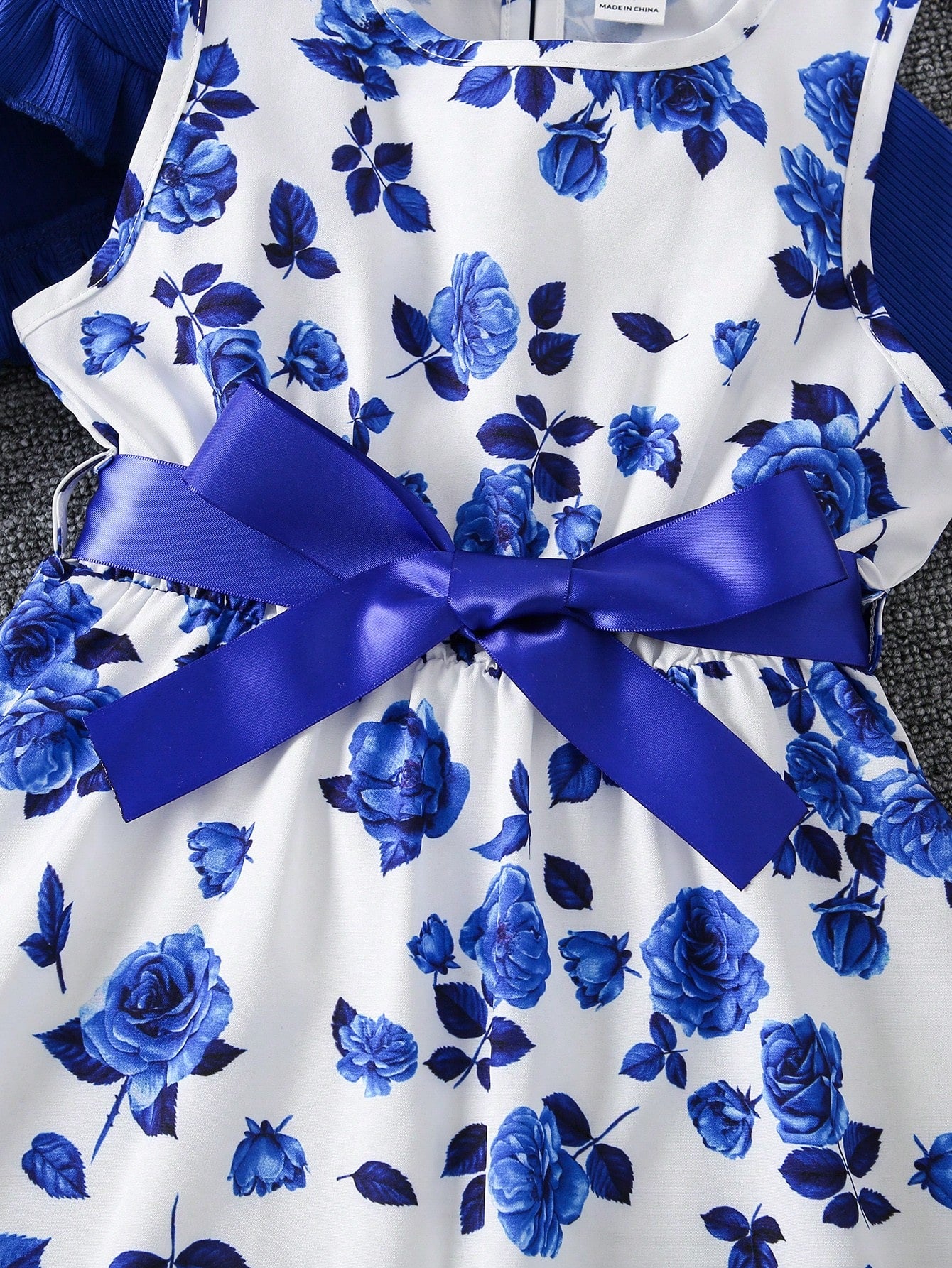Young Girl Floral Print Bow Front Dress & Ruffle Trim Jacket