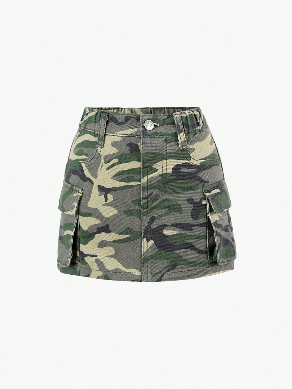 Young Girl Casual Loose Fit Simple Camouflage Print Multi-Pocket Denim Skirt