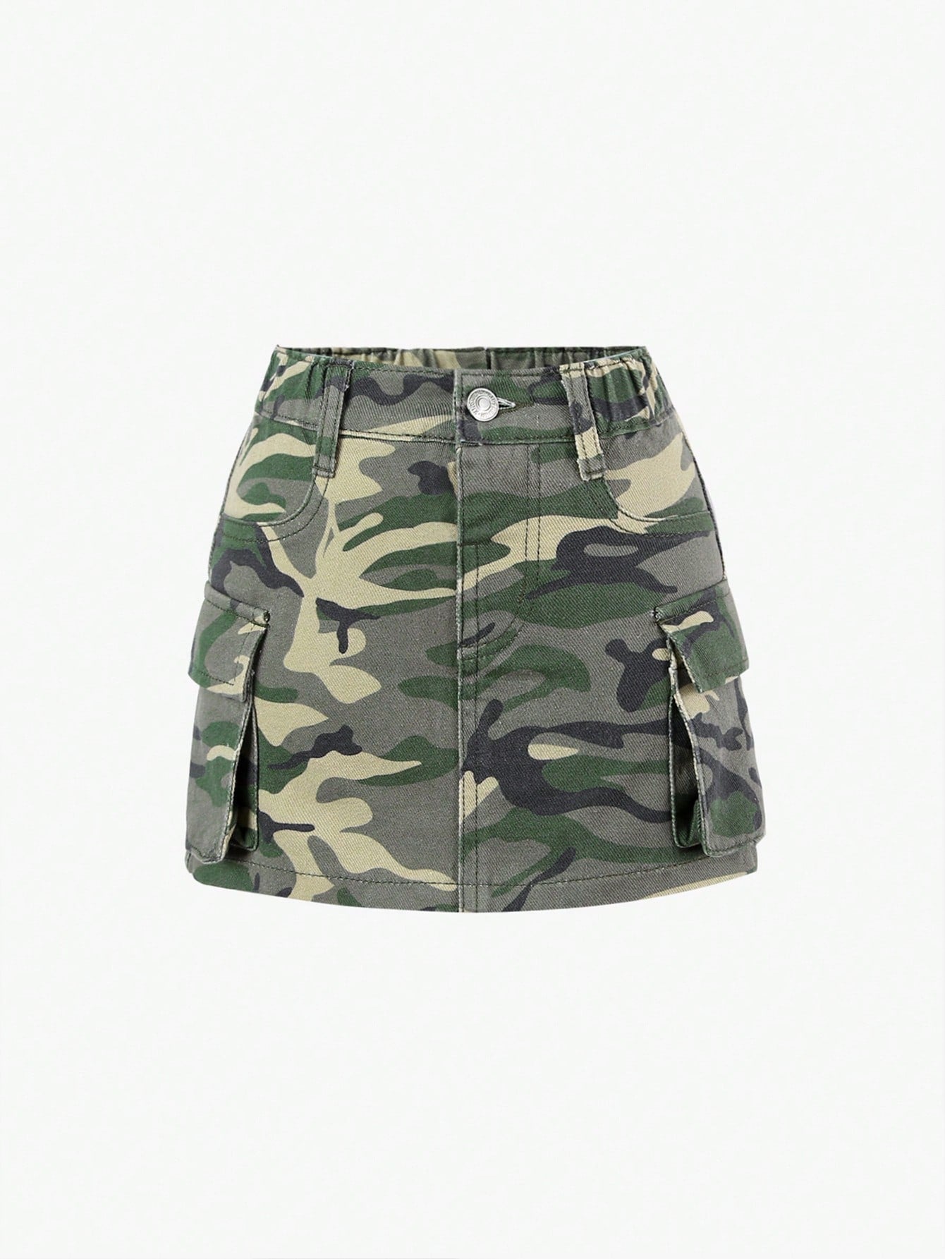 Young Girl Casual Loose Fit Simple Camouflage Print Multi-Pocket Denim Skirt