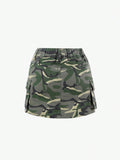 Young Girl Casual Loose Fit Simple Camouflage Print Multi-Pocket Denim Skirt