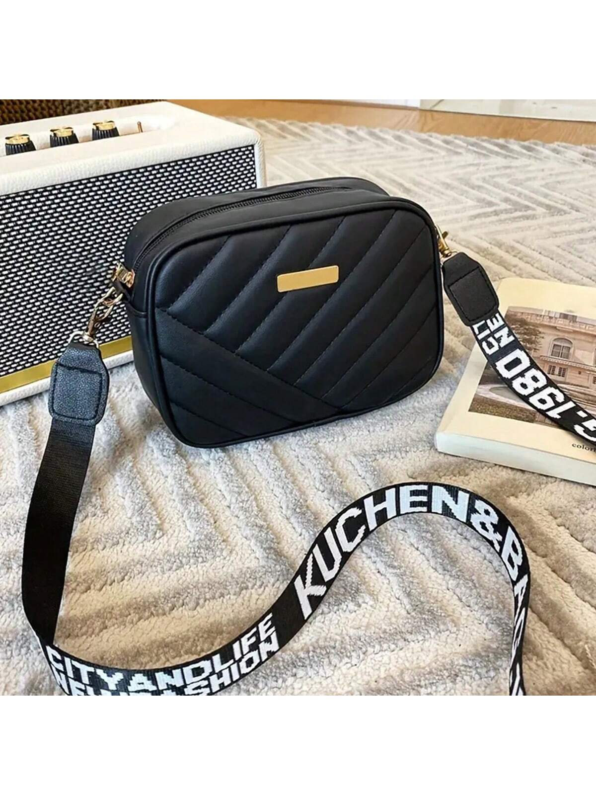 Quilted Square Crossbody Bag, Classic Metal Decor Zipper Purse, Women's Faux Leather Shoulder Bag