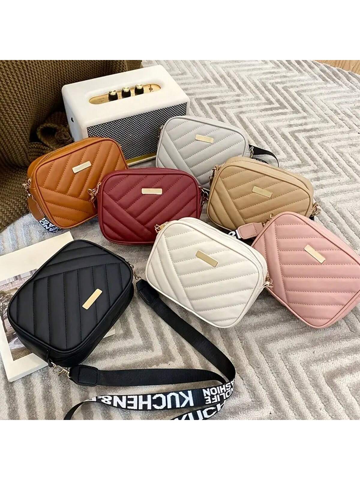 Quilted Square Crossbody Bag, Classic Metal Decor Zipper Purse, Women's Faux Leather Shoulder Bag