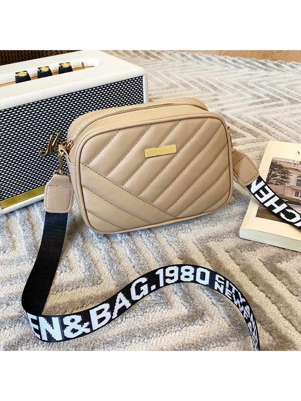 Quilted Square Crossbody Bag, Classic Metal Decor Zipper Purse, Women's Faux Leather Shoulder Bag