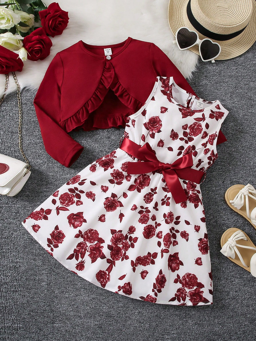 Young Girl Floral Print Bow Front Dress & Ruffle Trim Jacket