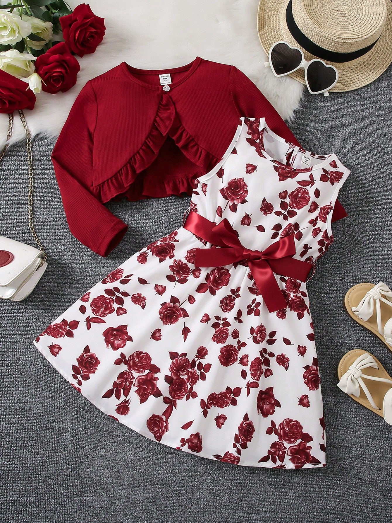 Young Girl Floral Print Bow Front Dress & Ruffle Trim Jacket