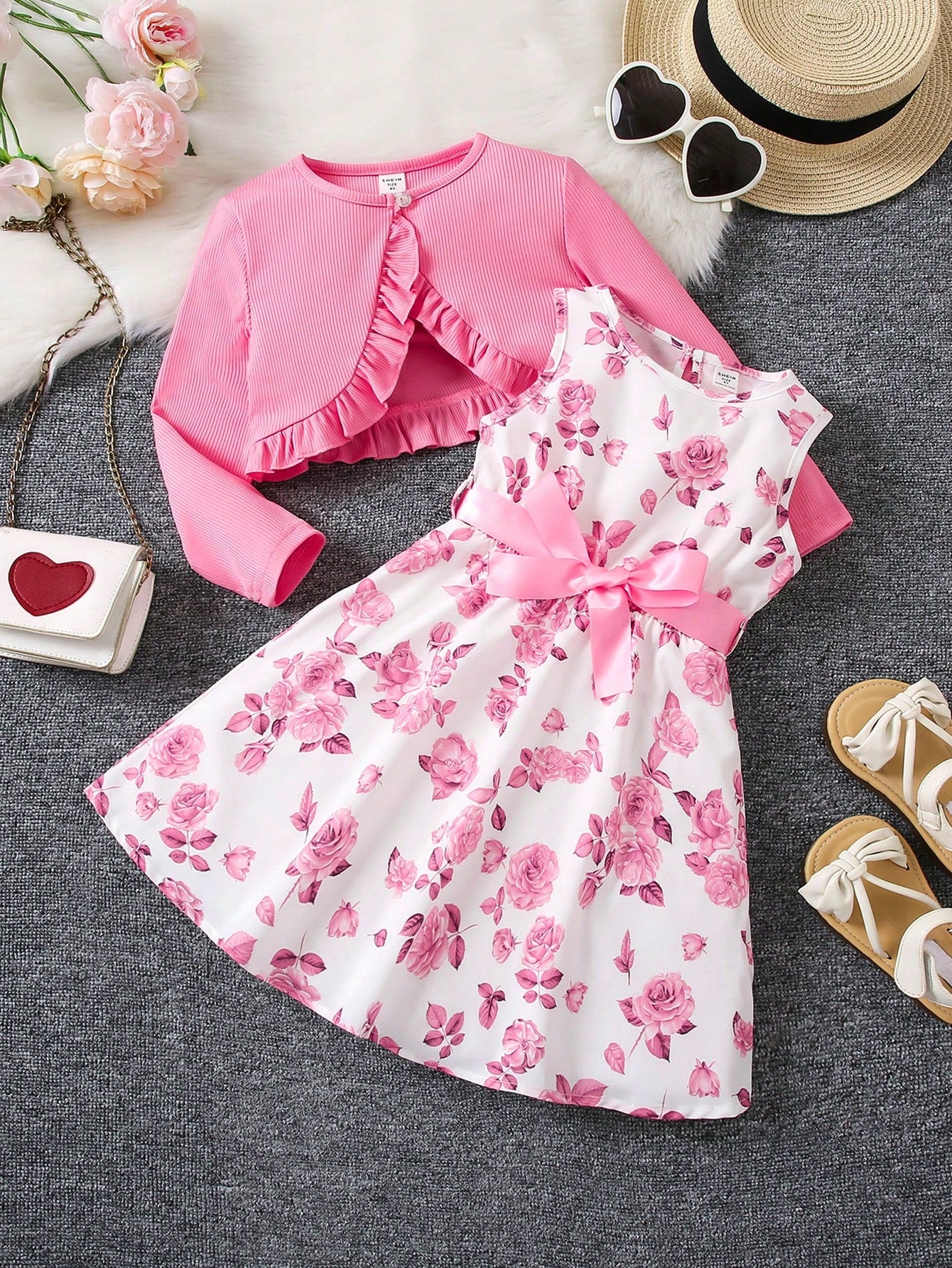 Young Girl Floral Print Bow Front Dress & Ruffle Trim Jacket