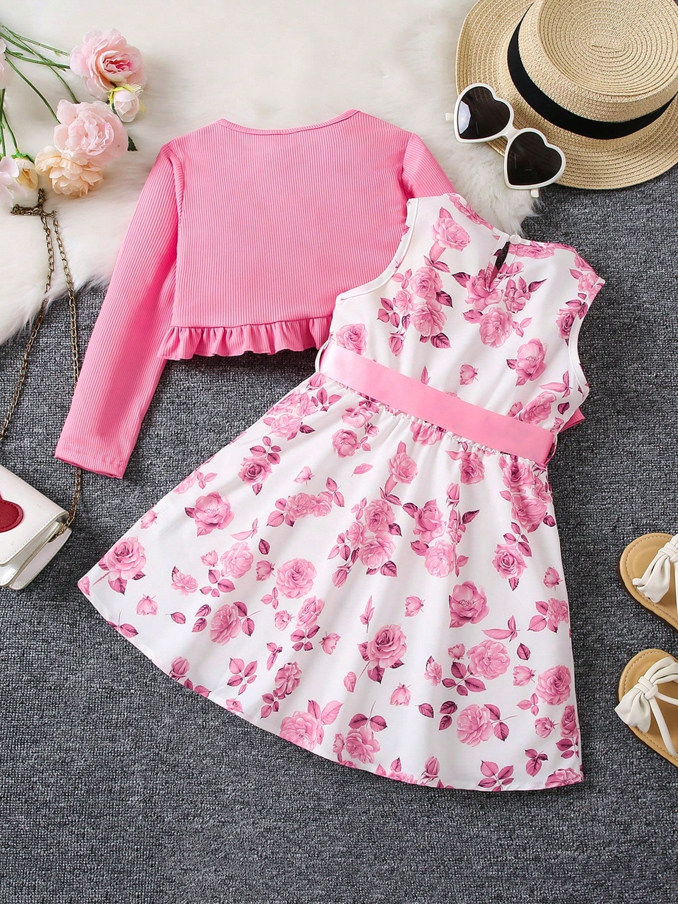 Young Girl Floral Print Bow Front Dress & Ruffle Trim Jacket