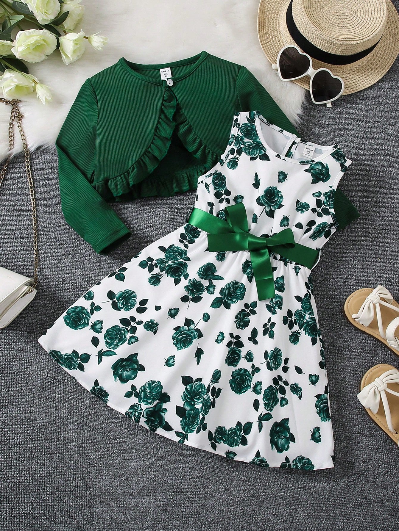 Young Girl Floral Print Bow Front Dress & Ruffle Trim Jacket