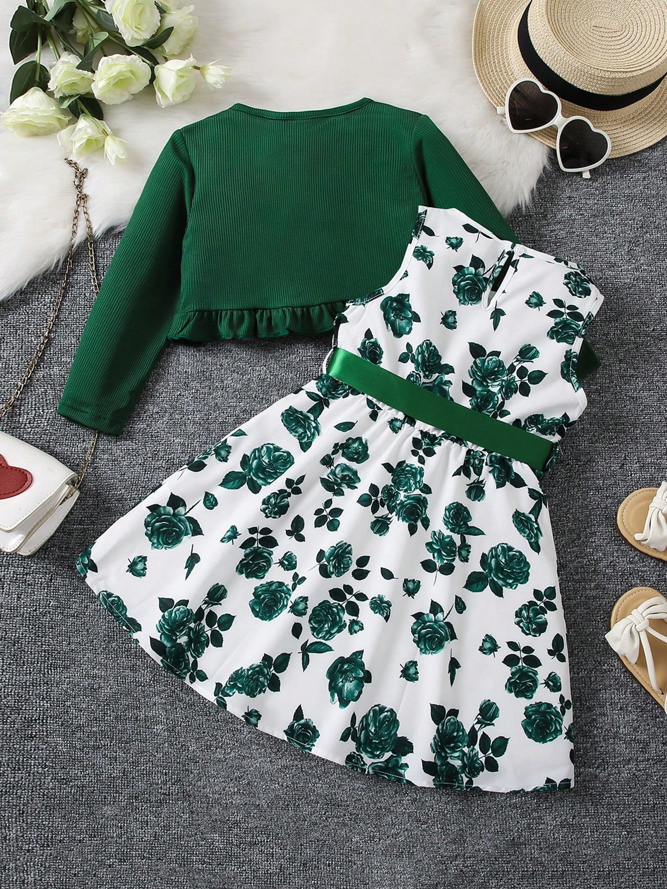 Young Girl Floral Print Bow Front Dress & Ruffle Trim Jacket