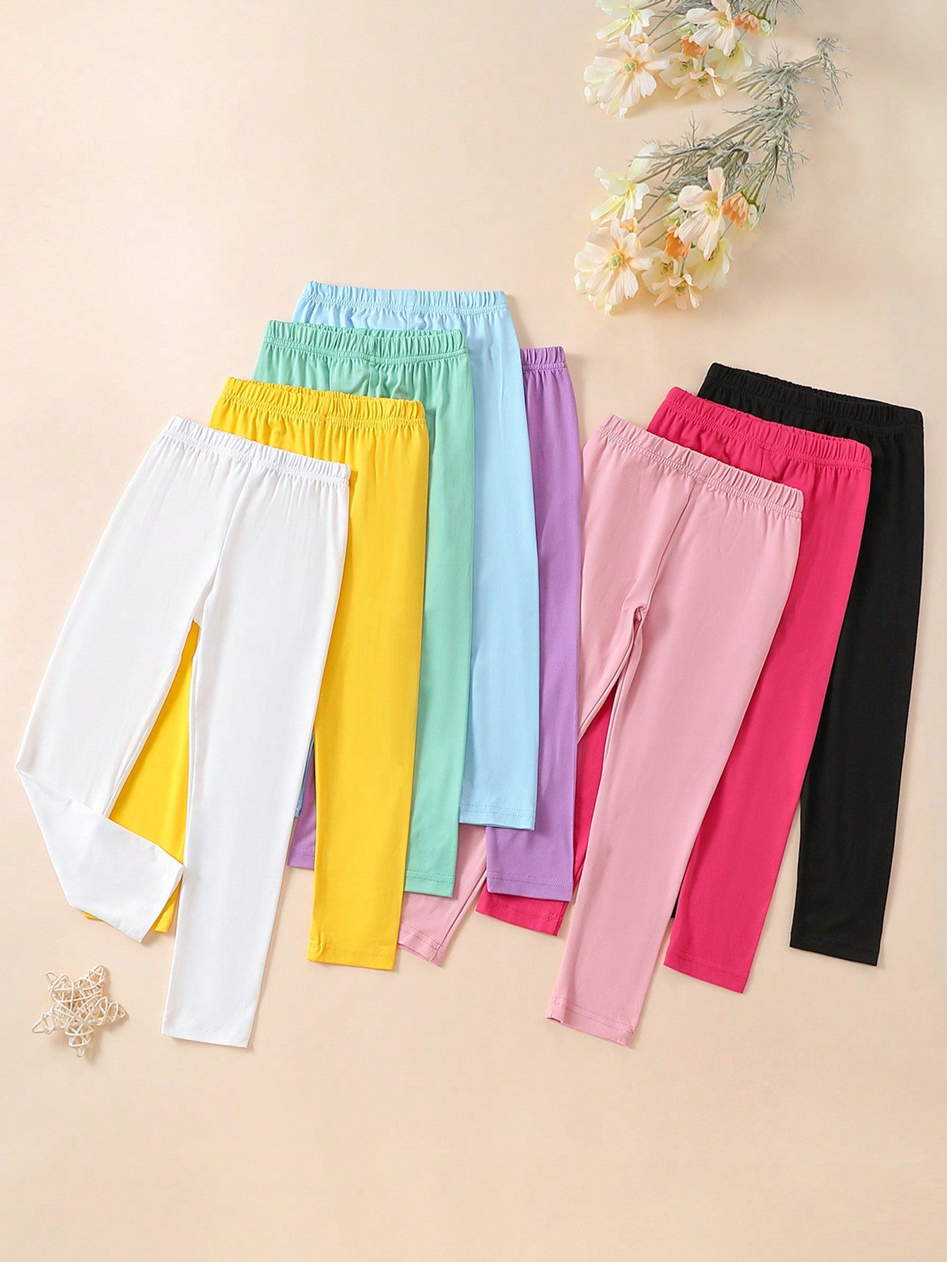 8pcs Young Girls' Simple Solid Color Stretchy High Waisted Long Leggings