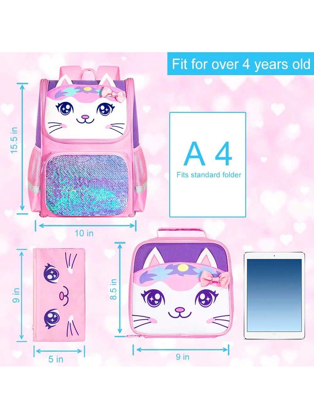 3PCS Backpack For Girls And Boys, 15" Unicorn Dinosaur Bookbag With Lunch Box, Kids Preschool School Bag