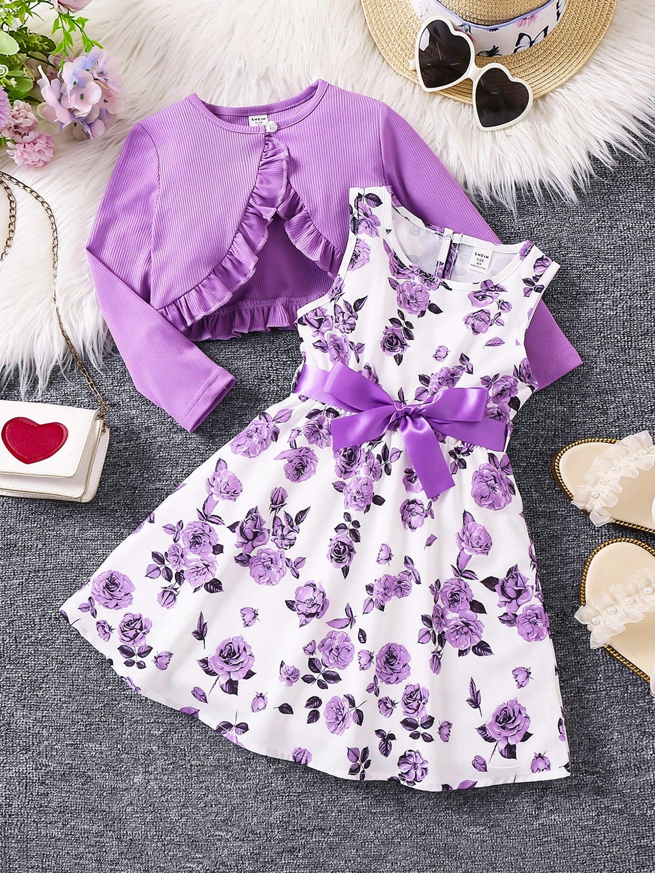 Young Girl Floral Print Bow Front Dress & Ruffle Trim Jacket