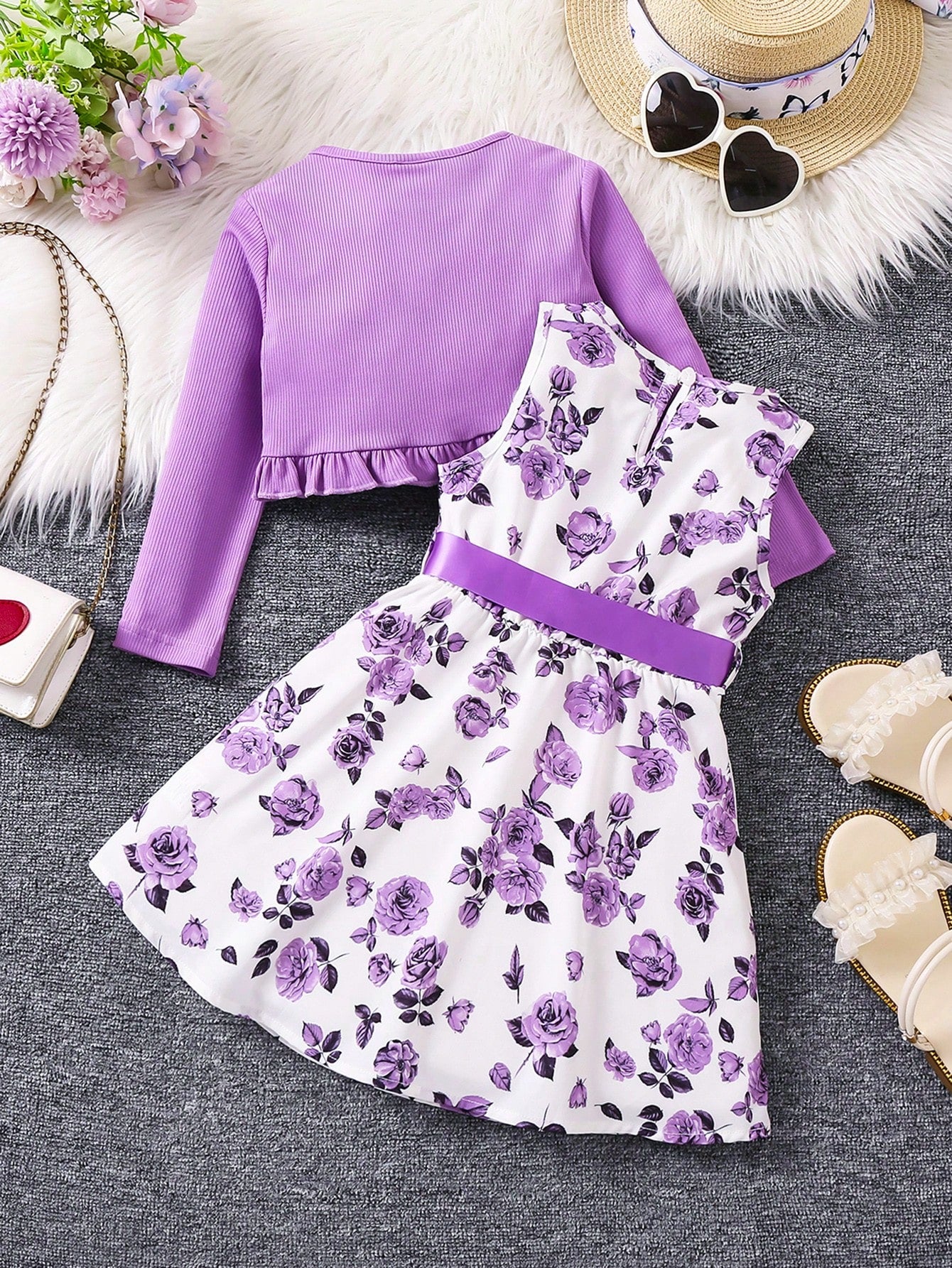 Young Girl Floral Print Bow Front Dress & Ruffle Trim Jacket