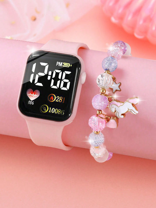 1PC Boy And Girls' LED Square Digital Electronic Watch And 1PC Crystal Rainbow Horse Bracelet Suitable For Daily Clothing