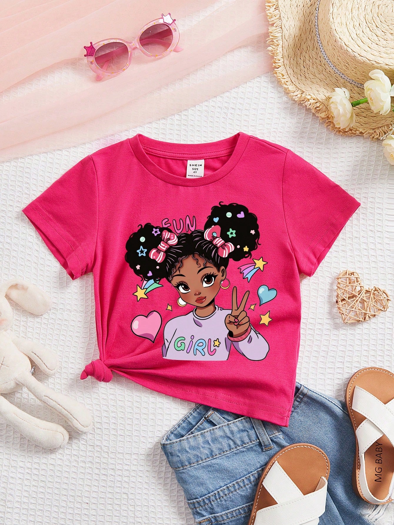 Casual Cartoon Pattern Short Sleeve T-Shirt For Cool, Cute And Young Girls, Suitable For Summer